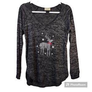 Enough About Me Heather Gray Reindeer Long Sleeve Henley Top Size M